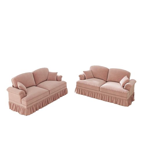 Canapé Modulable 2 Places En Chenille Rose, Jupes Amovibles, Pouf Mobile Et Design Mid‑century