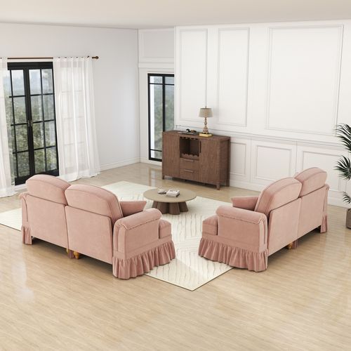Canapé Modulable 2 Places En Chenille Rose, Jupes Amovibles, Pouf Mobile Et Design Mid‑century