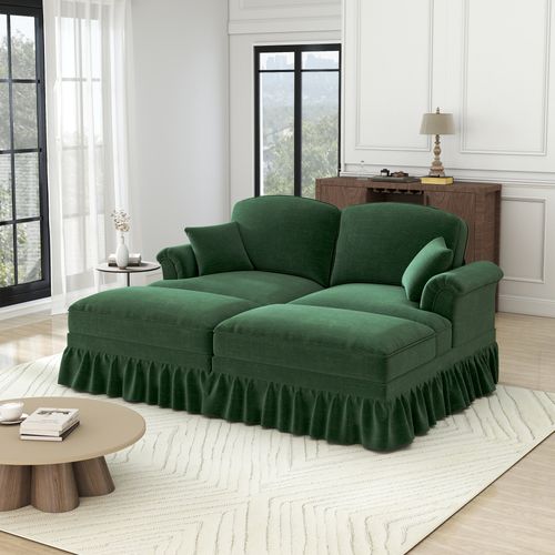 Canapé Modulable 2 Places En Chenille Verte, Jupe Amovible Double Look Et Pouf Mobile