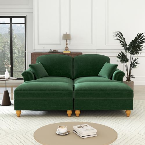 Canapé Modulable 2 Places En Chenille Verte, Jupe Amovible Double Look Et Pouf Mobile