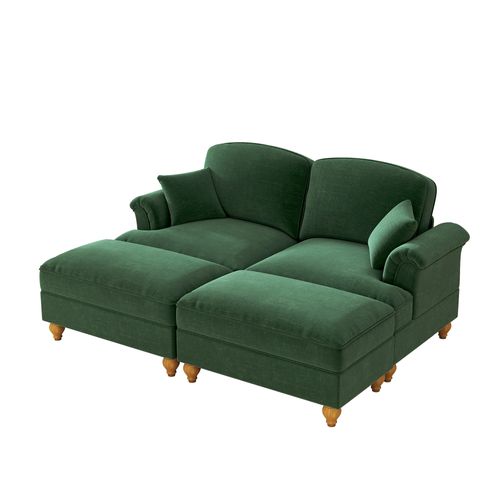 Canapé Modulable 2 Places En Chenille Verte, Jupe Amovible Double Look Et Pouf Mobile