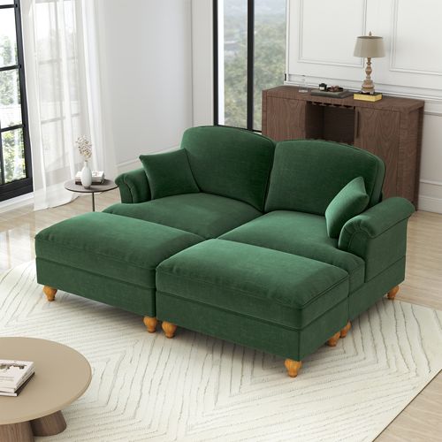 Canapé Modulable 2 Places En Chenille Verte, Jupe Amovible Double Look Et Pouf Mobile