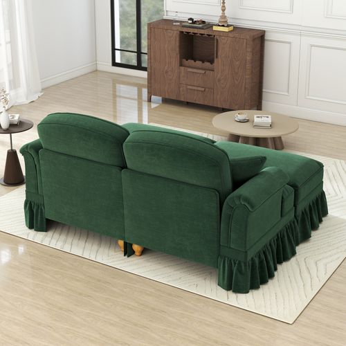 Canapé Modulable 2 Places En Chenille Verte, Jupe Amovible Double Look Et Pouf Mobile
