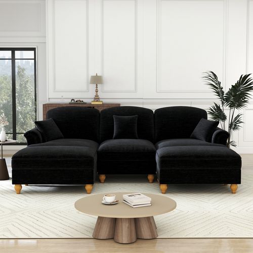 Canapé Modulable En Chenille Noir, Jupe Amovible Deux Styles Et Pouf Mobile Inclus