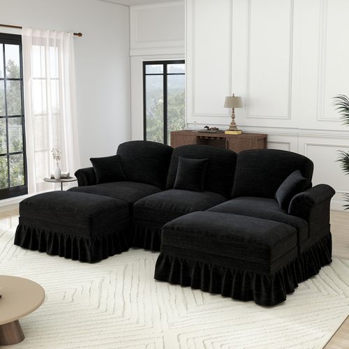 Canapé Modulable En Chenille Noir, Jupe Amovible Deux Styles Et Pouf Mobile Inclus