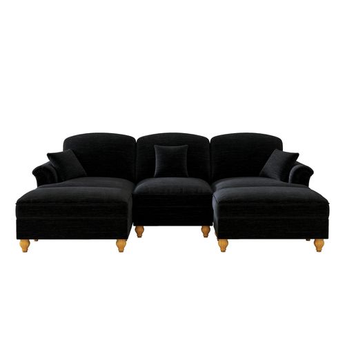 Canapé Modulable En Chenille Noir, Jupe Amovible Deux Styles Et Pouf Mobile Inclus