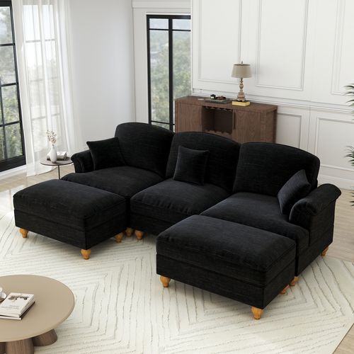 Canapé Modulable En Chenille Noir, Jupe Amovible Deux Styles Et Pouf Mobile Inclus