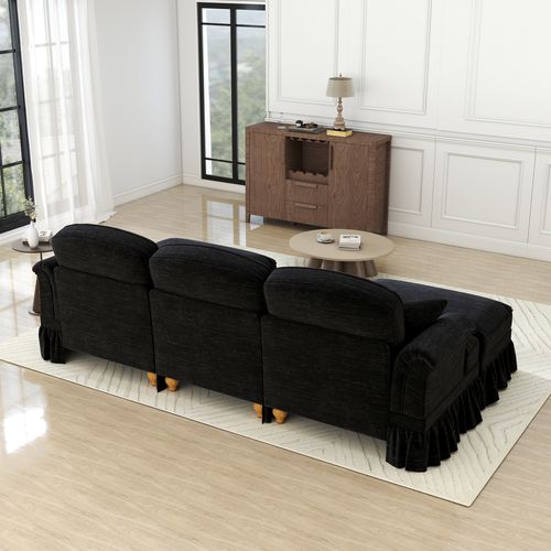 Canapé Modulable En Chenille Noir, Jupe Amovible Deux Styles Et Pouf Mobile Inclus