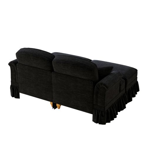 Canapé Modulable 2 Places En Chenille Noire,jupe Amovible,dossier Segmenté Et Pouf Mobile