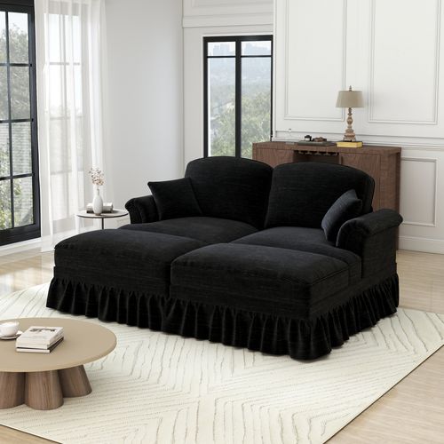 Canapé Modulable 2 Places En Chenille Noire,jupe Amovible,dossier Segmenté Et Pouf Mobile