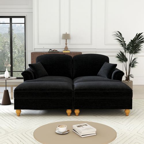 Canapé Modulable 2 Places En Chenille Noire,jupe Amovible,dossier Segmenté Et Pouf Mobile