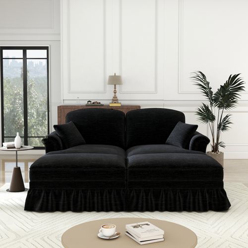 Canapé Modulable 2 Places En Chenille Noire,jupe Amovible,dossier Segmenté Et Pouf Mobile