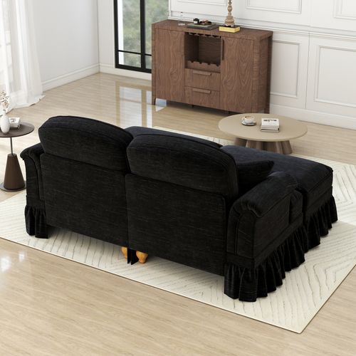 Canapé Modulable 2 Places En Chenille Noire,jupe Amovible,dossier Segmenté Et Pouf Mobile