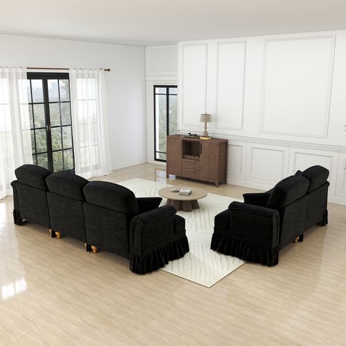 Canapé Modulable 3+2 Places En Chenille Noire, Volant Amovible Pour Deux Styles Élégants