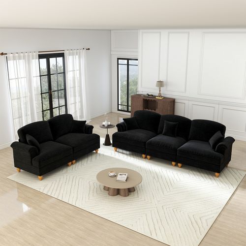 Canapé Modulable 3+2 Places En Chenille Noire, Volant Amovible Pour Deux Styles Élégants