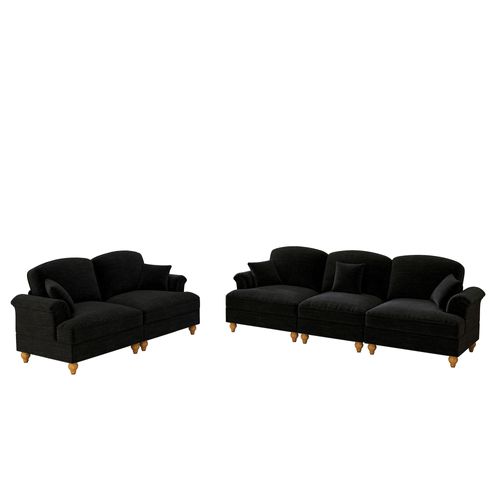 Canapé Modulable 3+2 Places En Chenille Noire, Volant Amovible Pour Deux Styles Élégants