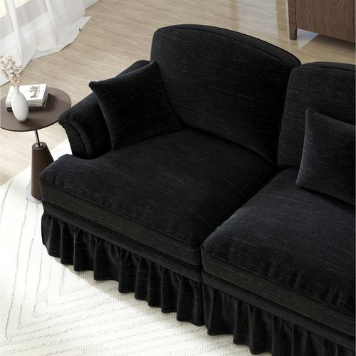 Canapé Modulable 3+2 Places En Chenille Noire, Volant Amovible Pour Deux Styles Élégants