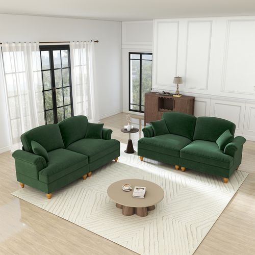 Canapé Modulable 2 Places En Chenille Verte, Jupe Amovible Pour Deux Styles, Coussin Mobile