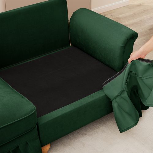 Canapé Modulable 2 Places En Chenille Verte, Jupe Amovible Pour Deux Styles, Coussin Mobile