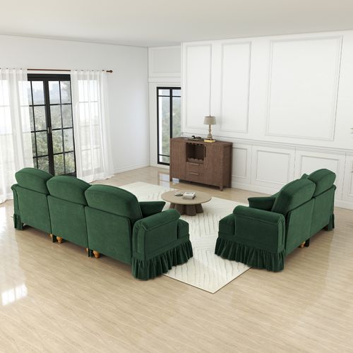 Canapé Modulable En Chenille Vert, Deux Looks Avec Jupe Amovible, Modules Indépendants Et Pouf