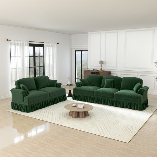 Canapé Modulable En Chenille Vert, Deux Looks Avec Jupe Amovible, Modules Indépendants Et Pouf