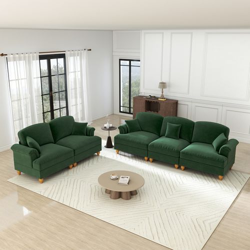 Canapé Modulable En Chenille Vert, Deux Looks Avec Jupe Amovible, Modules Indépendants Et Pouf