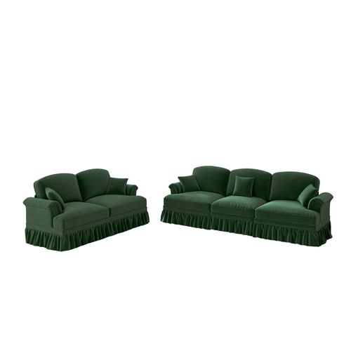 Canapé Modulable En Chenille Vert, Deux Looks Avec Jupe Amovible, Modules Indépendants Et Pouf
