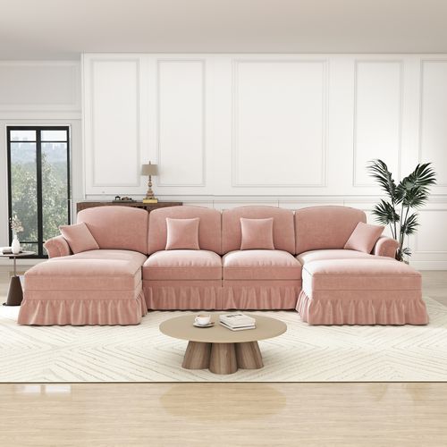 Canapé Modulable 4 Places En Chenille Rose, Jupes Amovibles Pour 2 Looks, Dossier Segmenté