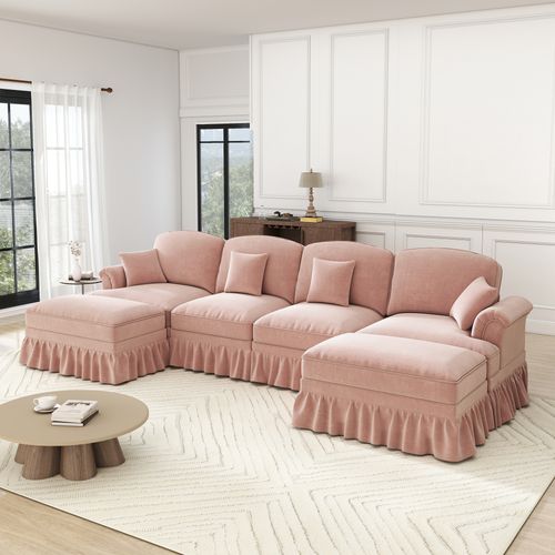 Canapé Modulable 4 Places En Chenille Rose, Jupes Amovibles Pour 2 Looks, Dossier Segmenté