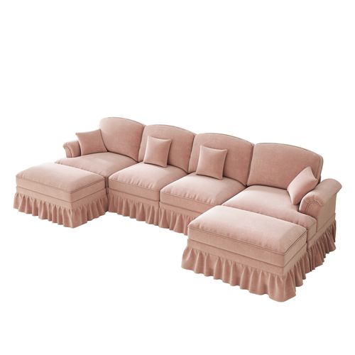 Canapé Modulable 4 Places En Chenille Rose, Jupes Amovibles Pour 2 Looks, Dossier Segmenté