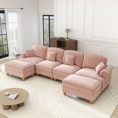 Canapé Modulable 4 Places En Chenille Rose, Jupes Amovibles Pour 2 Looks, Dossier Segmenté