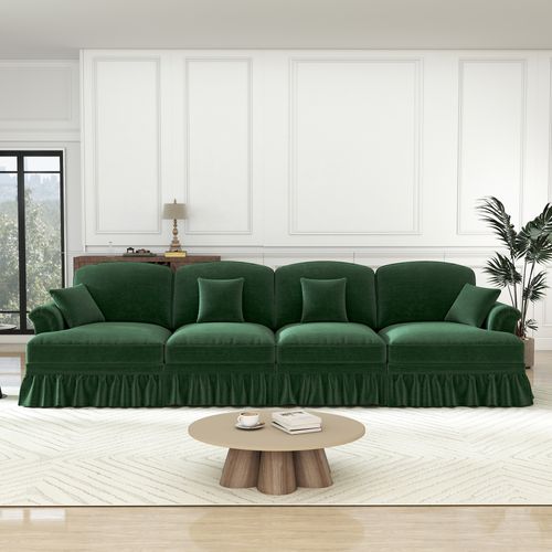 Canapé 4 Places En Chenille Vert, Jupe Amovible Deux Looks, Mousse Haute Densité