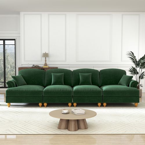 Canapé 4 Places En Chenille Vert, Jupe Amovible Deux Looks, Mousse Haute Densité