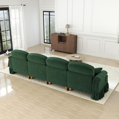 Canapé 4 Places En Chenille Vert, Jupe Amovible Deux Looks, Mousse Haute Densité