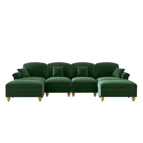 Canapé Modulaire 4 Places En Chenille Verte, Volant Amovible, Pouf Mobile Et Pieds Fuselés