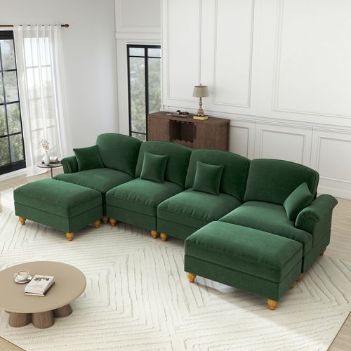Canapé Modulaire 4 Places En Chenille Verte, Volant Amovible, Pouf Mobile Et Pieds Fuselés