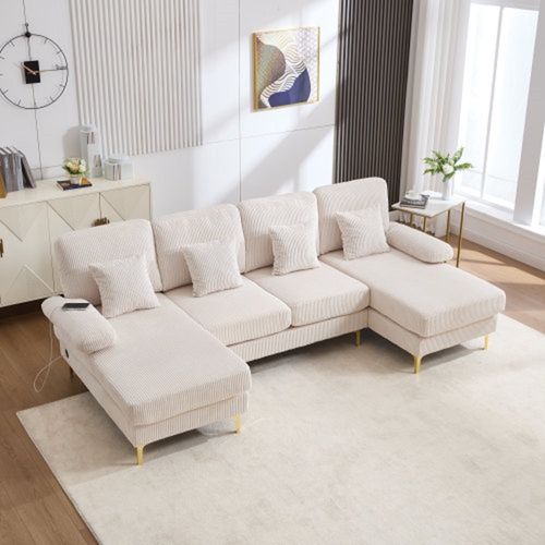 Canapé D'angle En U 265x135 Cm En Velours Beige, Éclairage LED D'ambiance Et Port USB