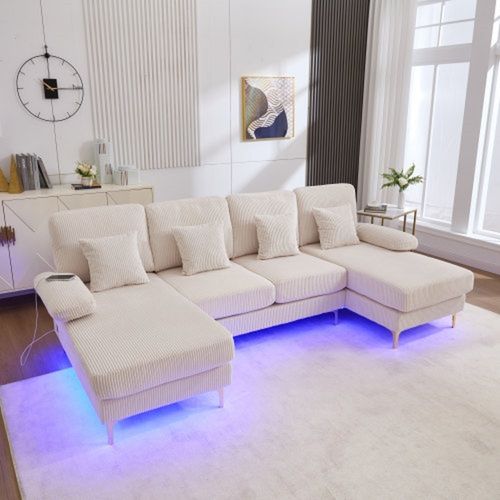 Canapé D'angle En U 265x135 Cm En Velours Beige, Éclairage LED D'ambiance Et Port USB