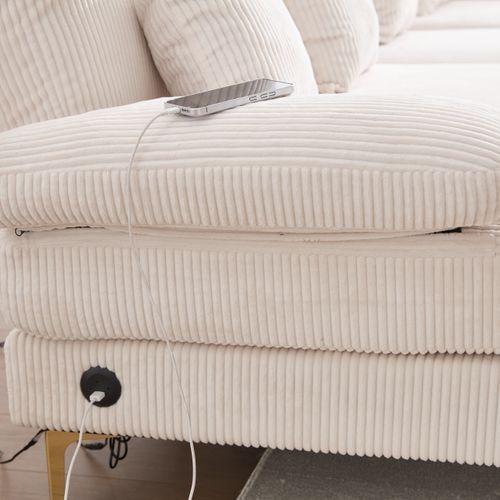 Canapé D'angle En U 265x135 Cm En Velours Beige, Éclairage LED D'ambiance Et Port USB