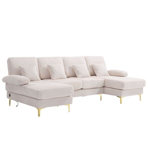 Canapé D'angle En U 265x135 Cm En Velours Beige, Éclairage LED D'ambiance Et Port USB
