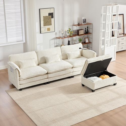 Canapé 2 Places 279x83x85cm En Chenille Beige,assise Mémoire De Forme Et Pouf De Rangement