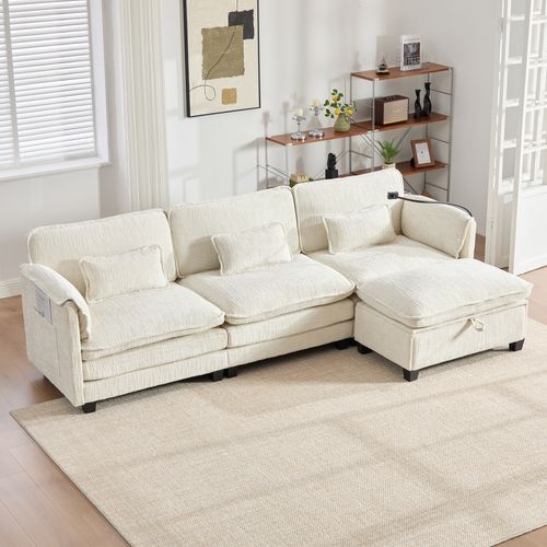 Canapé 2 Places 279x83x85cm En Chenille Beige,assise Mémoire De Forme Et Pouf De Rangement