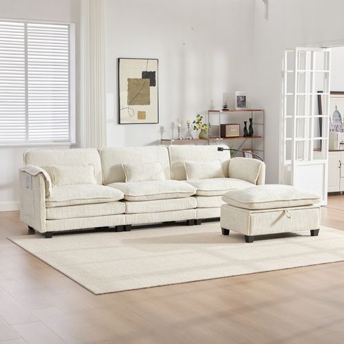 Canapé 2 Places 279x83x85cm En Chenille Beige,assise Mémoire De Forme Et Pouf De Rangement