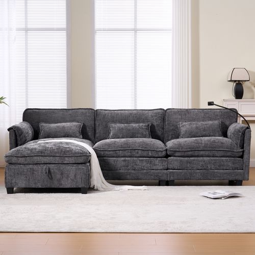 Canapé 279x83x85cm En Chenille Gris,assise Mémoire De Forme, Port USB Et Hocker-coffre