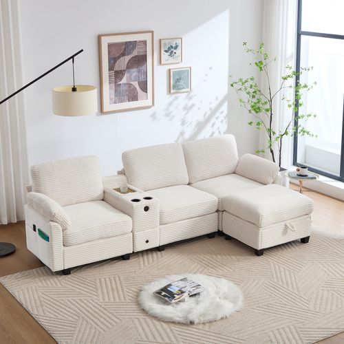 Canapé Large En Velours Côtelé Beige 266x136x82cm,console Centrale Modulable Avec USB‑c