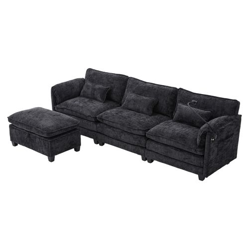 Adulte 279x83x85 Cm En Chenille Noir, Assise à Mémoire, Poches Latérales Et Port USB