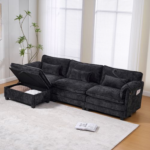 Adulte 279x83x85 Cm En Chenille Noir, Assise à Mémoire, Poches Latérales Et Port USB