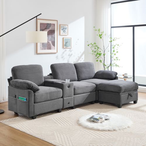 Canapé 3 Places 266x136cm En Velours Côtelé Gris Foncé,mousse à Mémoire Et Console Modulable