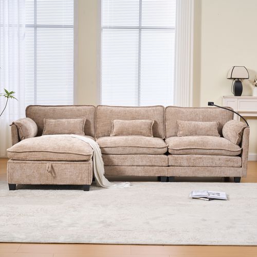 Adulte 2 Places Chenille Khaki 279x83x85 Cm, Mousse à Mémoire, Port USB Et Pouf De Rangement