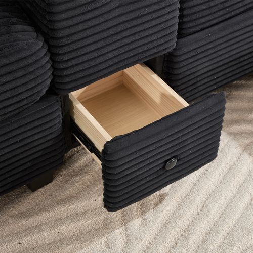 Canapé 266x136cm En Velours Côtelé Noir Console Coulissante Avec Porte-gobelets USB-c